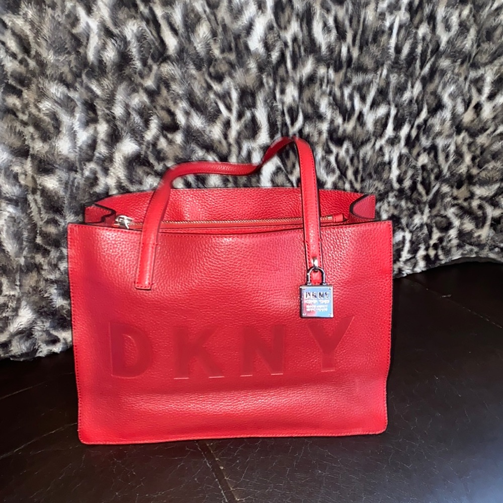 DKNY Commuter Medium Logo-Embossed Pebble Leather Tote.  Red.